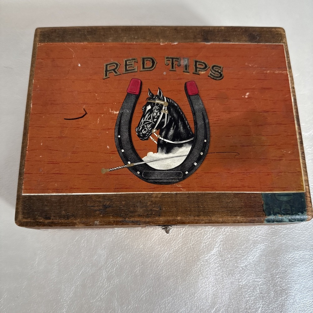 Red Tips Cigar Storage Box. Vintage Wooden. Metal Clasp.